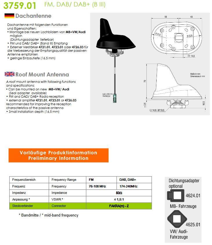 ATBB 3759.01 - Shark Antenne passiv - FM/DAB+ mit optionalem Splitter, DAB+, Hifi & Navigation
